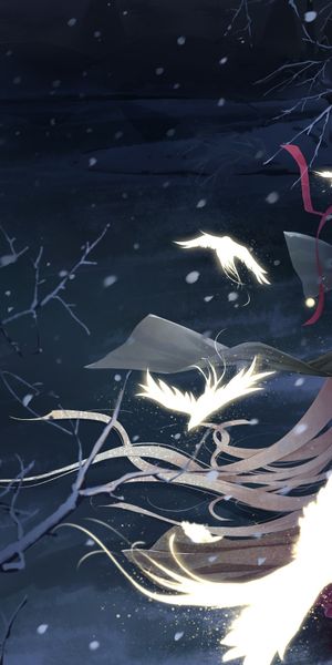 Charming anime winter wallpaper featuring a girl, lantern, and birds in snow