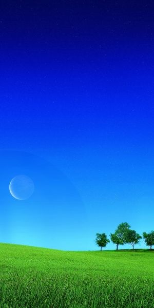 Beautiful Blue Landscape with Fields and a Moon