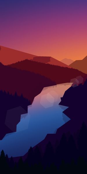 Minimalist Mountain Landscape with River and Sunset