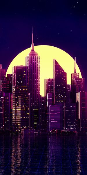 Retro Wave Cityscape with Moon Reflection at Night