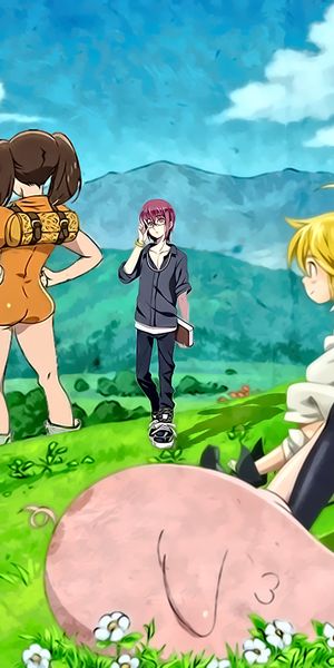Phone wallpaper: Anime, Nature, Grass, Mountain, Tree, Smile, Pillow, Blonde, Glasses, Pig, Skirt, P