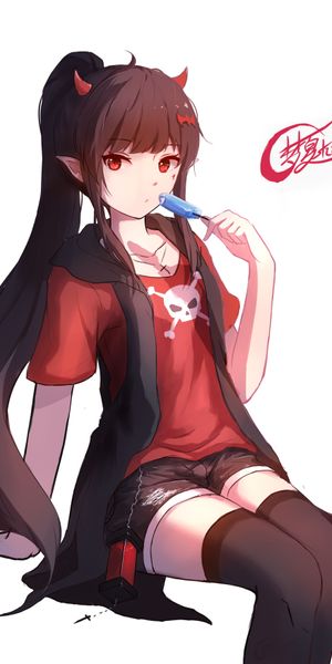 Phone wallpaper: Anime, Ice Cream, Girl, Shorts, Red Eyes, Black Hair, Long Hair, Ponytail free down