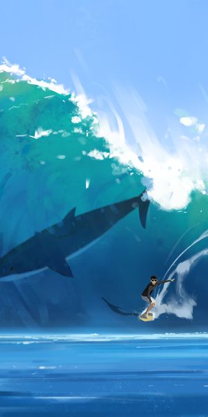 Phone wallpaper: Shark, Serfing, Wave, Surfer, Art free download