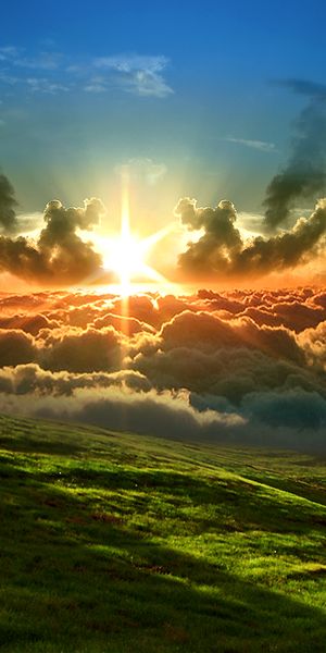 Breathtaking Sunset Above Green Grass and Majestic Clouds