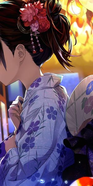 Anime Girl in Yukata with Fish in a Vibrant Aquarium