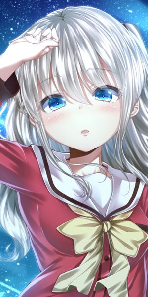 Phone wallpaper: Anime, Stars, Night, Blue Eyes, Charlotte, Shooting Star, Blush, School Uniform, Lo