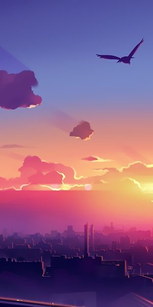 Anime Sunset with Birds and Clouds for a Serene Mobile Wallpaper