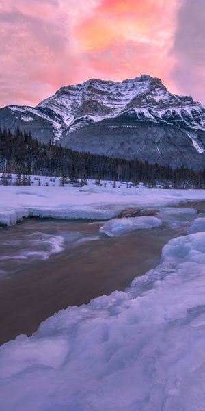 Phone wallpaper: Winter, Nature, Snow, Mountain, Earth, River free download
