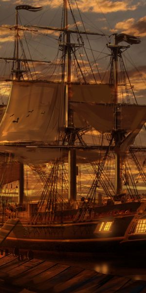 Majestic Pirate Ship Docked at Sunset