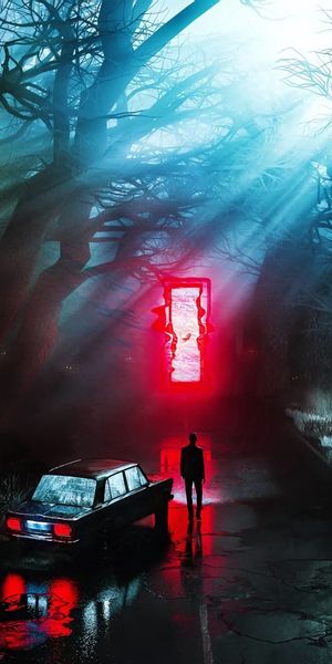 Mysterious Night Portal with Silhouette and Car