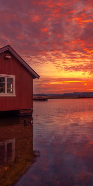 Phone wallpaper: Sunset, Tree, Purple, River, Cabin, Man Made free download