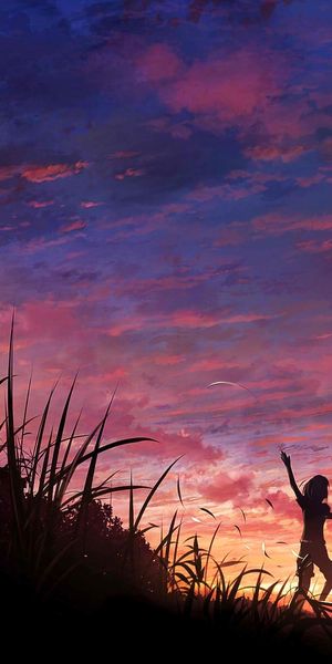 Anime Sunset with Silhouetted Characters for Mobile Wallpaper