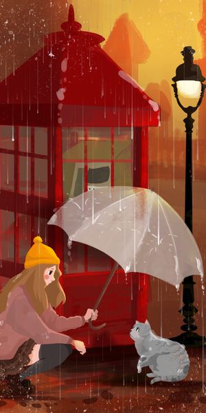 Charming Cat and Girl Under Rain with Red Umbrella Wallpaper