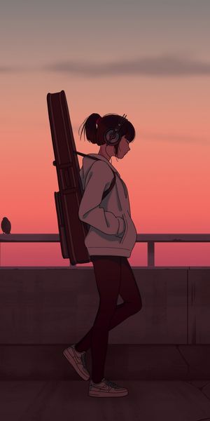 Stylish Girl with Guitar at Sunset