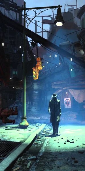 Nick Valentine Under Street Light in Fallout 4 Night Scene