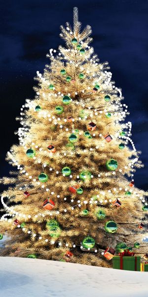 Phone wallpaper: Winter, Night, Moon, Snow, Light, Christmas, Holiday, House, Christmas Tree free do