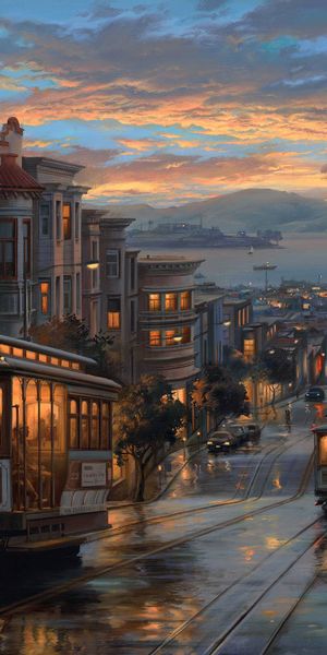 Artistic Night Panorama of San Francisco with Iconic Streetcar