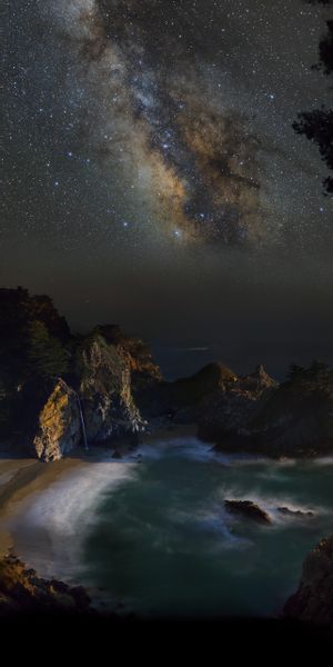 Phone wallpaper: Sky, Stars, Night, Mountain, Waterfall, Starry Sky, Earth, Milky Way, California, B