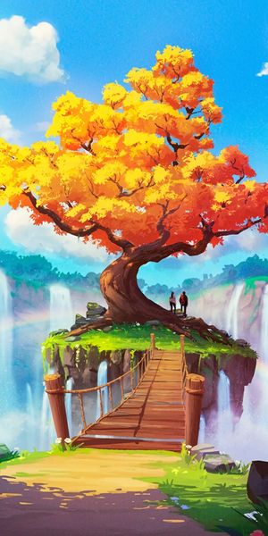 Vibrant Autumn Tree Overlooking a Majestic Waterfall