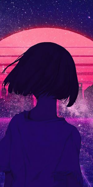 Anime Girl Against Retro Synthwave Sunset Wallpaper