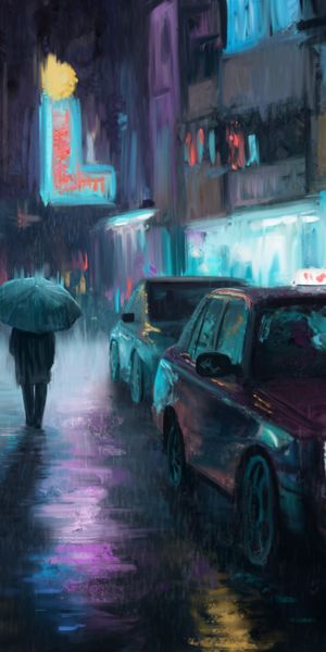 Rainy Night Cityscape with Silhouetted Figure