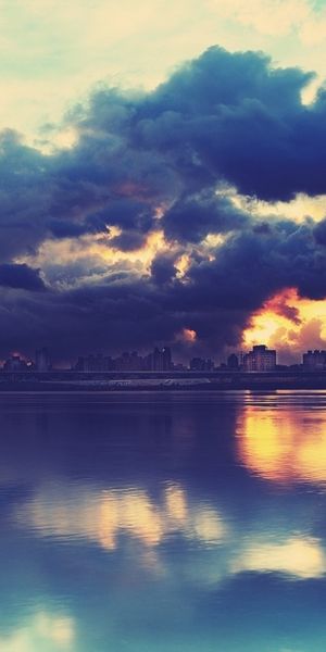 Phone wallpaper: Sea, Sky, Clouds, Cities, Landscape, Sunset free download