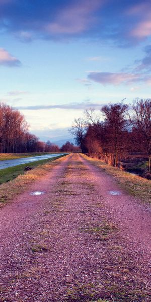 Phone wallpaper: Way, Trees, Puddles, Stony, Rocky, Clouds, Nature, Path, Grass, Sky, Road, Rivers f