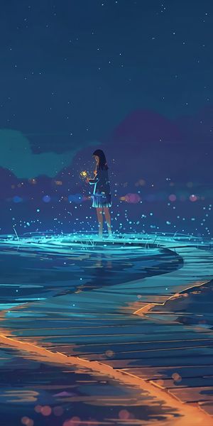 Phone wallpaper: Anime, Water, Night, Original, Black Hair, Long Hair free download