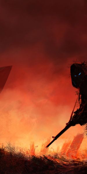 Dramatic post-apocalyptic phone wallpaper featuring a warrior in red