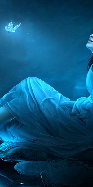 Ethereal Blue Woman in a Dark Fantasy Setting