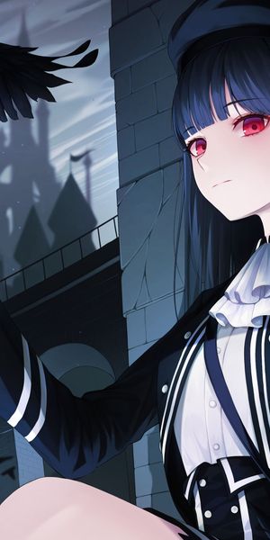 Phone wallpaper: Anime, Girl, Crow, Red Eyes, Black Hair free download