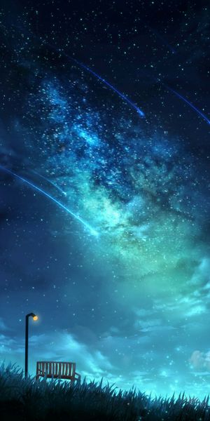 Beautiful Night Sky Full of Stars with a Bench and Lantern
