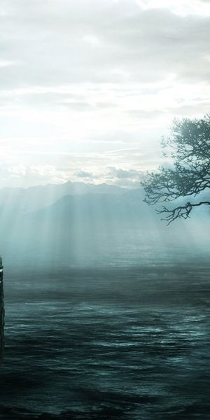 Enchanting phone wallpaper featuring a solitary tree and ancient ruins