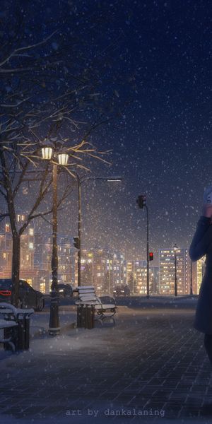 Phone wallpaper: Anime, Winter, Night, Girl free download