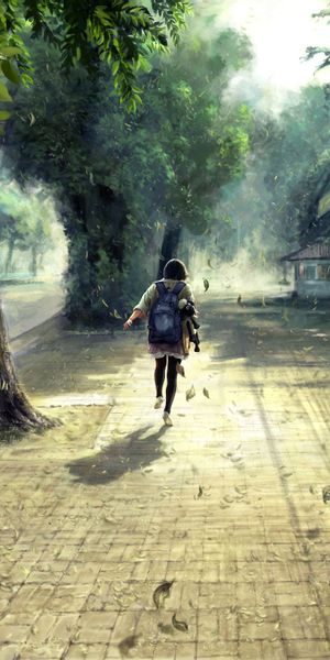 Anime Girl Running on a Sunny Street with Backpack