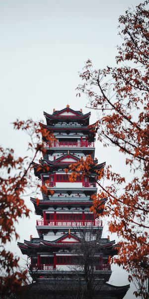 Beautiful mobile wallpaper featuring a temple pagoda surrounded by trees