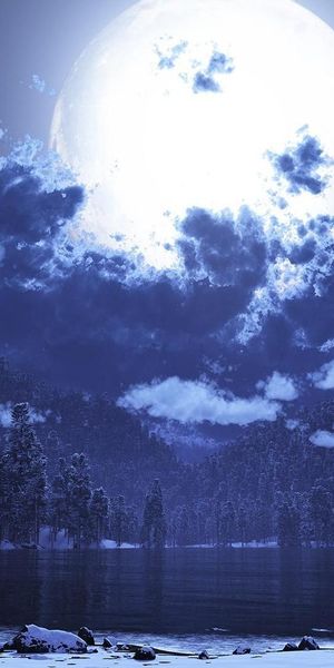 Phone wallpaper: Landscape, Water, Fantasy, Night, Moon, Lake, Forest, Cloud free download