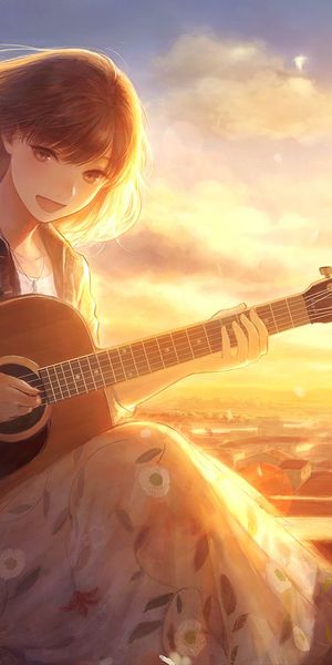 Enchanting phone wallpaper featuring a girl with a guitar at sunset