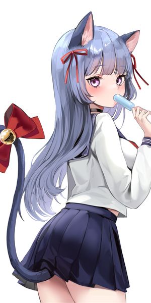 Charming Anime Wallpaper of a Cat Girl Enjoying a Popsicle in School Uniform