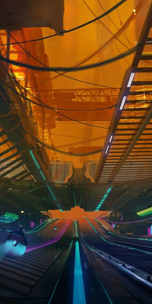 Phone wallpaper: Overpass, Trestle, Traffic, Movement, Cyberpunk, Art, Sci Fi free download