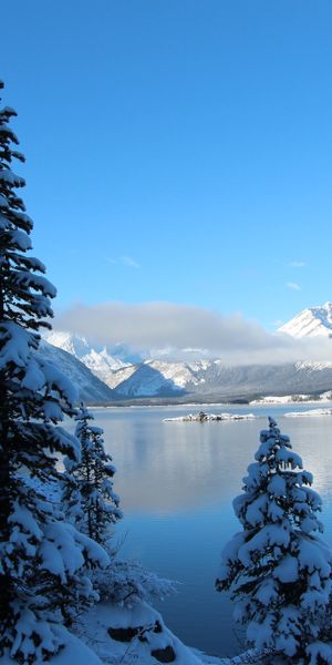Breathtaking Winter Scene with Snowy Mountains and Serene Lake