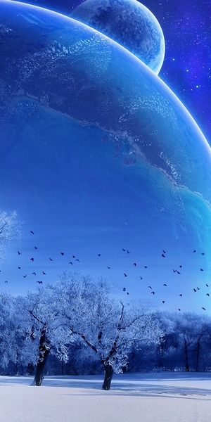 Winter Landscape with Stunning Blue Sky and Planets