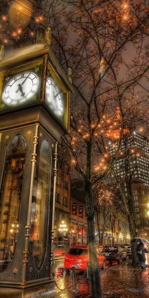 Vancouver Night Scene with Clock and Raindrops