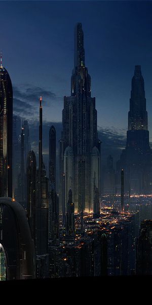 Futuristic Cityscape at Night with Skyscrapers and Star Wars Aesthetic