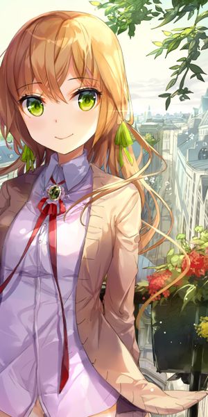 Anime Girl with Long Blonde Hair and Green Eyes Surrounded by Nature