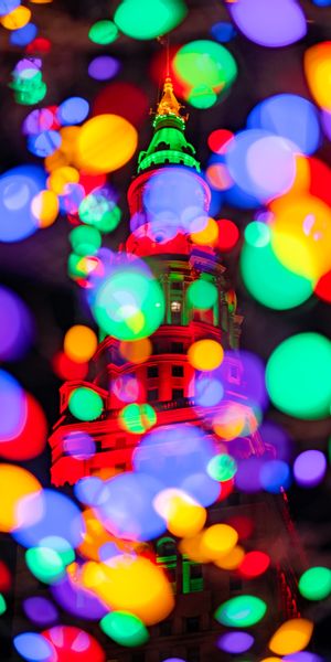 Phone wallpaper: Bokeh, Building, Lights, Glare, Cities, Motley, Boquet, Multicolored free download