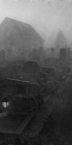 Dark and eerie cemetery wallpaper featuring fog, a crow, and graves in 4K