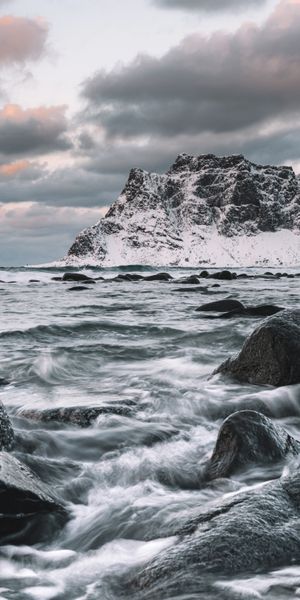 Phone wallpaper: Snow, Rock, Bank, Shore, Stones, Waves, Nature free download