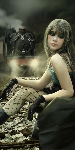 Dark Emo Girl Sitting on Train Tracks