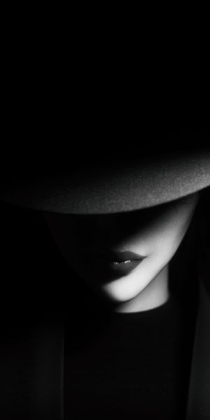 Mysterious Girl in Hat - Minimalist Black and White Wallpaper